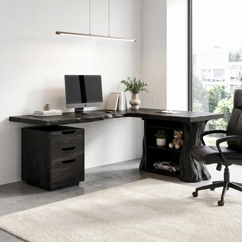 Spry Interior Organic Tree Branch Corner Desk with Integrated Floating Wall Shelf, Solid Wood Home Office Workstation, SINLHADK105
