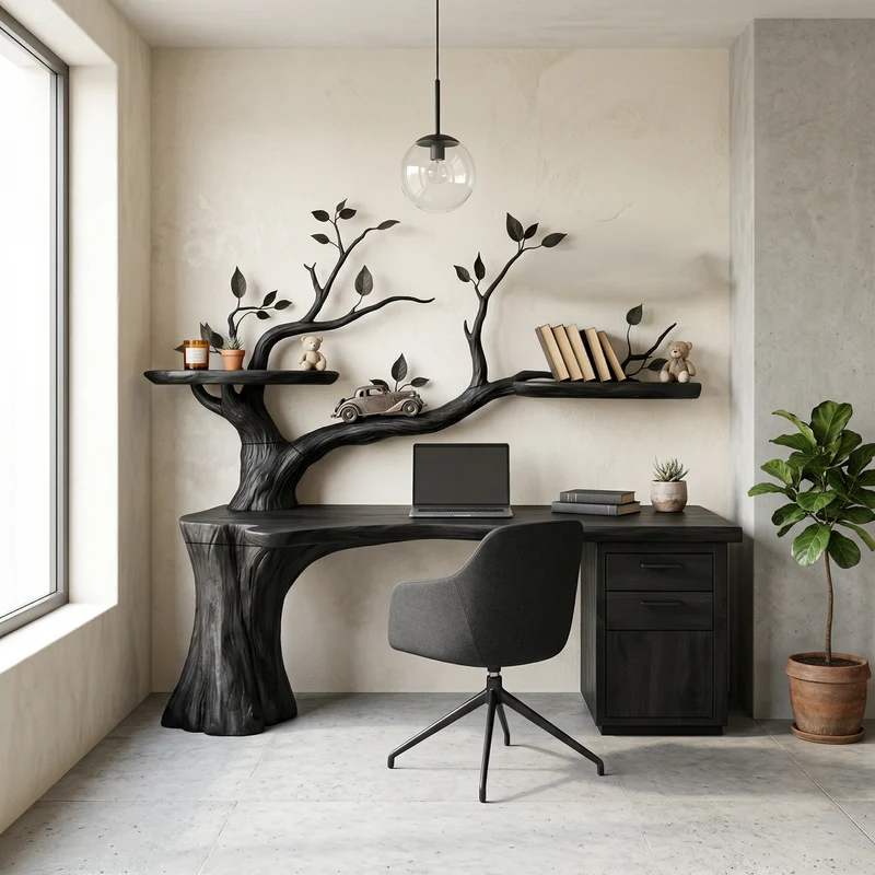 Sculptural Tree Desk With Floating Shelf Natural Branch Design Home Office And Workspace SINLHADK103