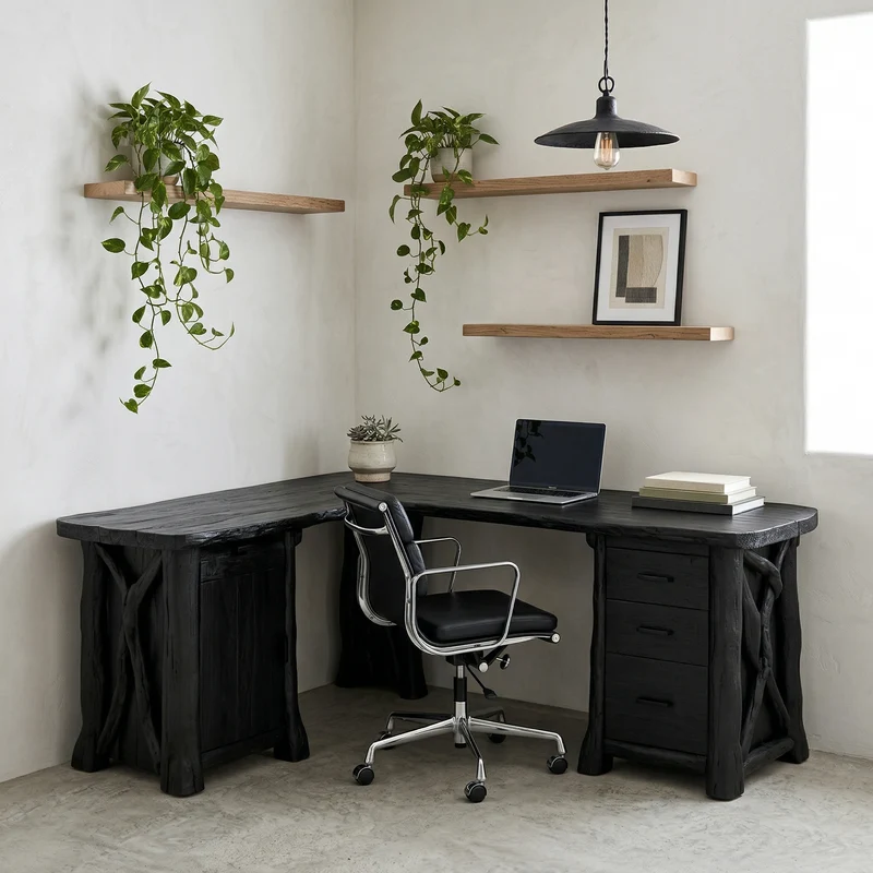 Spry Interior Modern Rustic L-Shape Office Desk with Storage, Solid Wood Corner Workstation, Study Writing Table, SINLHADK102