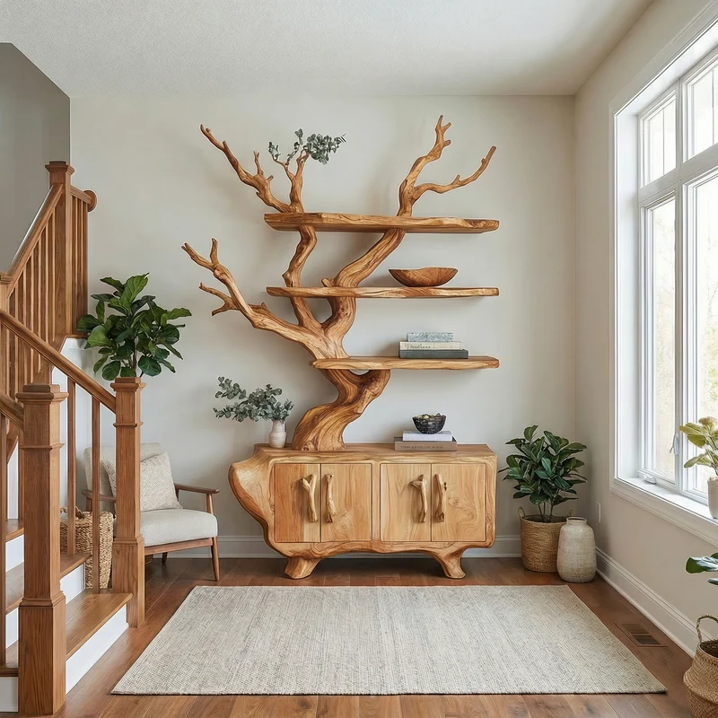 Spry Interior Tree Branch Bookshelf with Storage Cabinet, Solid Wood Artistic Bookcase, Modern Living Room display Unit, SINLKITB715