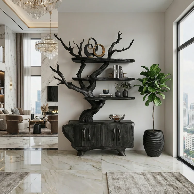 Spry Interior Tree Branch Bookshelf with Storage Cabinet, Solid Wood Artistic Bookcase, Modern Living Room display Unit, SINLKITB715