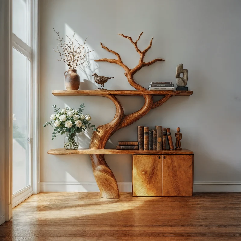Spry Interior Rustic Tree Branch Bookshelf with Storage Cabinet, Solid Wood Decorative Bookcase, Bedroom Display Shelf, SINLKITB714