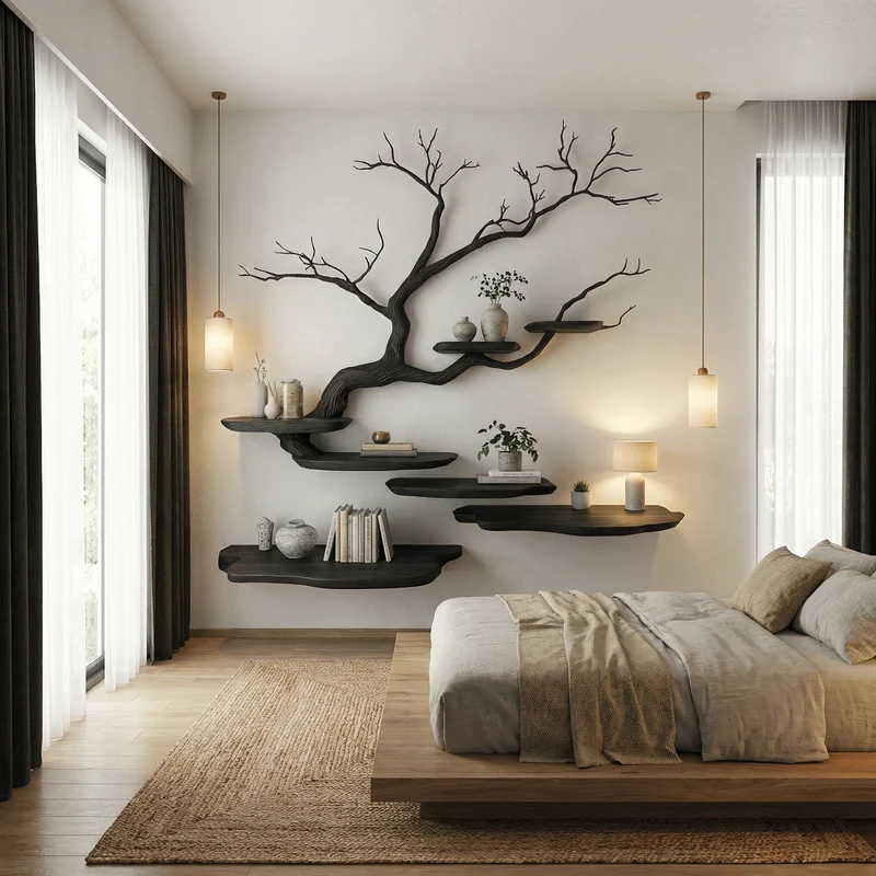 Rustic Tree Branch Wall Mounted Bookshelf For Living Room And Bedroom Space SINLHATB713