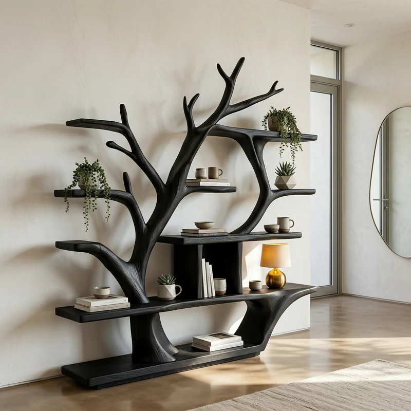 Spry Interior Modern Organic Tree Bookshelf, Solid Wood Branch Design Bookcase & Display Shelf for Living Room Decor, SINLHATB712