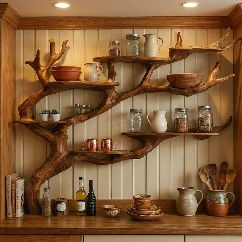 Rustic Tree Branch Wall Shelf Kitchen Storage Display Decor SINLKITBS122