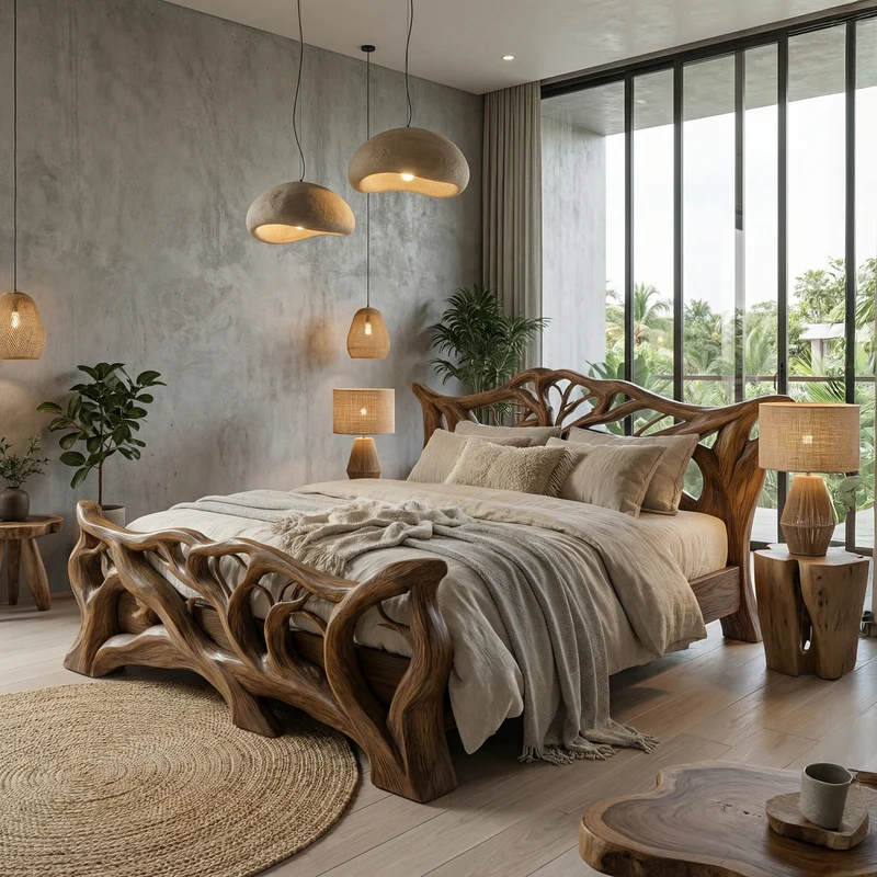Minimal Organic Bed Frame Solid Wood Smooth Flowing Design Bedroom SINLHAWB114