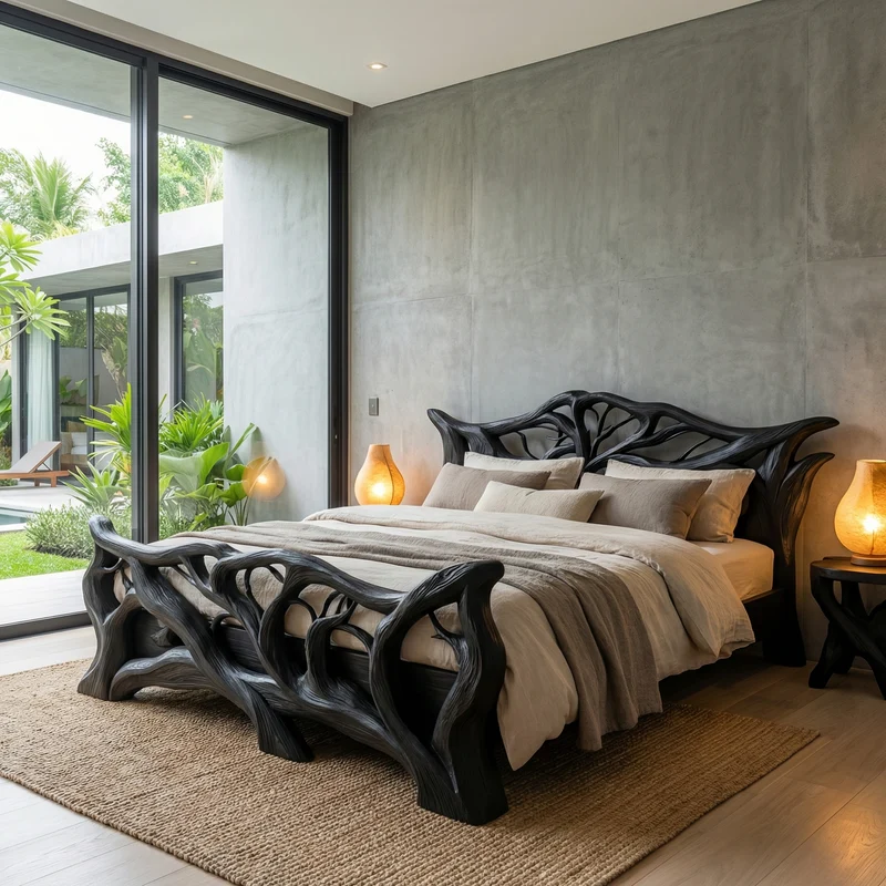 Minimal Organic Bed Frame Solid Wood Smooth Flowing Design Bedroom SINLHAWB114