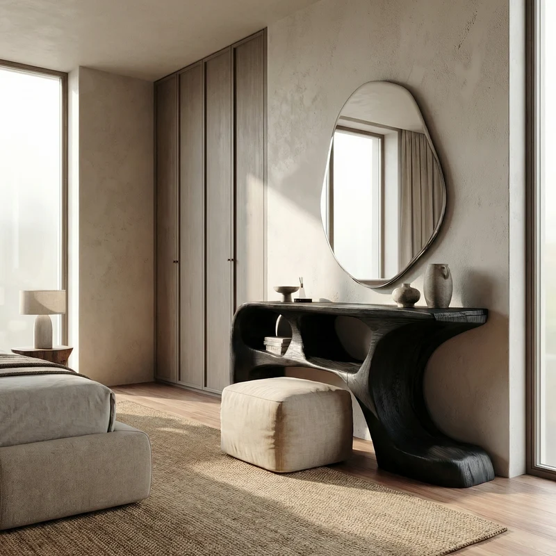 Sculptural Dressing Table Solid Wood Flowing Curve With Shelf Design Bedroom And Vanity Space SINLSABDT059