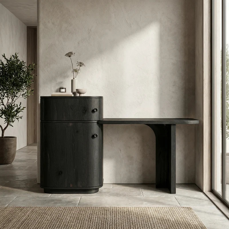 Scandinavian Dressing Table With Storage Cabinet Warm Minimalist Rounded Design For Bedroom SINLSABDT058
