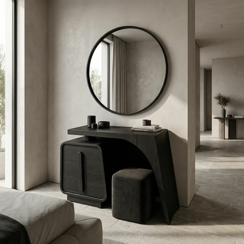 Spry Interior Minimalist Dressing Table with Storage, Solid Wood Sculptural Curved Makeup Vanity Desk for Bedroom, SINLSABDT051
