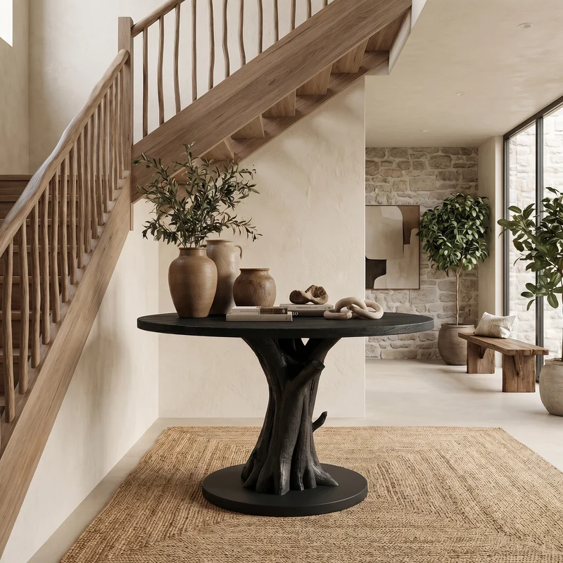 Spry Interior Organic Tree Base Round Entryway Table, Solid Wood Pedestal Foyer Table for Living Room, Hallway, SINLSAFT014