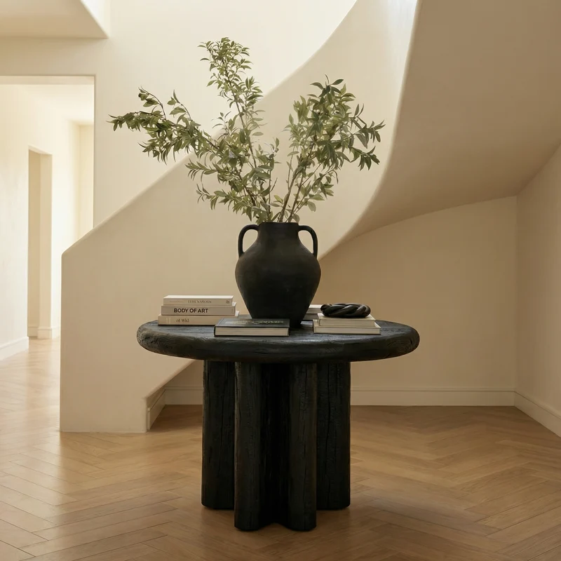 Spry Interior Modern Minimalist Round Entryway Foyer Table, Solid Wood Hallway Center Table for Home Decor, SINLSAFT002