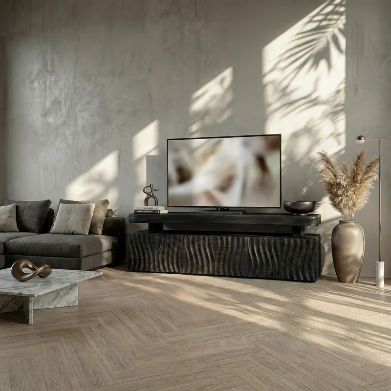 Spry Interior Modern TV Cabinet, Solid Wood Media Console with Unique Wave Pattern Storage for Living Room, SINLKITC023