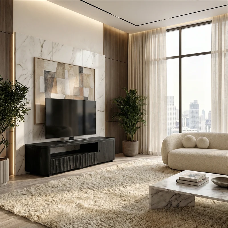 Spry Interior Modern TV Cabinet, Solid Wood Media Console with Storage Drawer & Shelves for Living Room, SINLKITC021