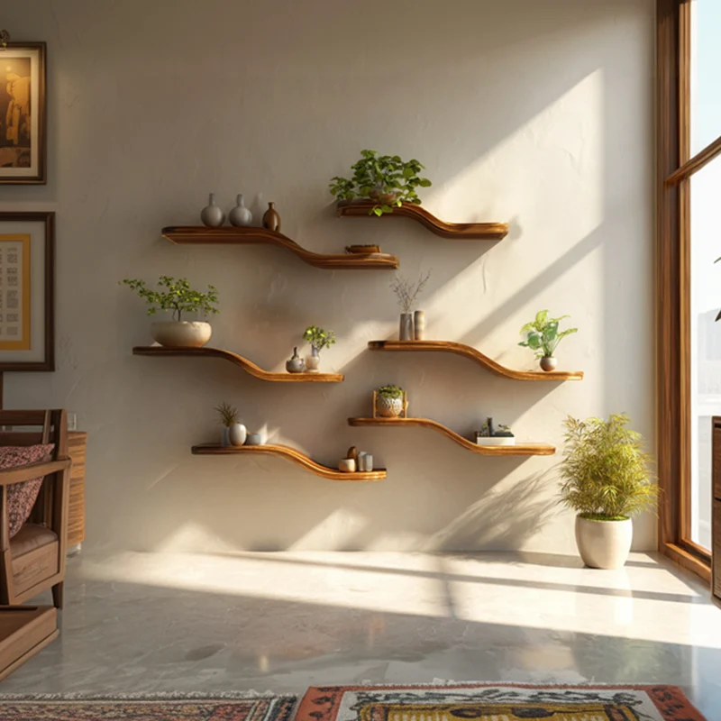 Organic Wave Solid Wood Shelf Floating Wall Media Display Interior SINLKIFL367