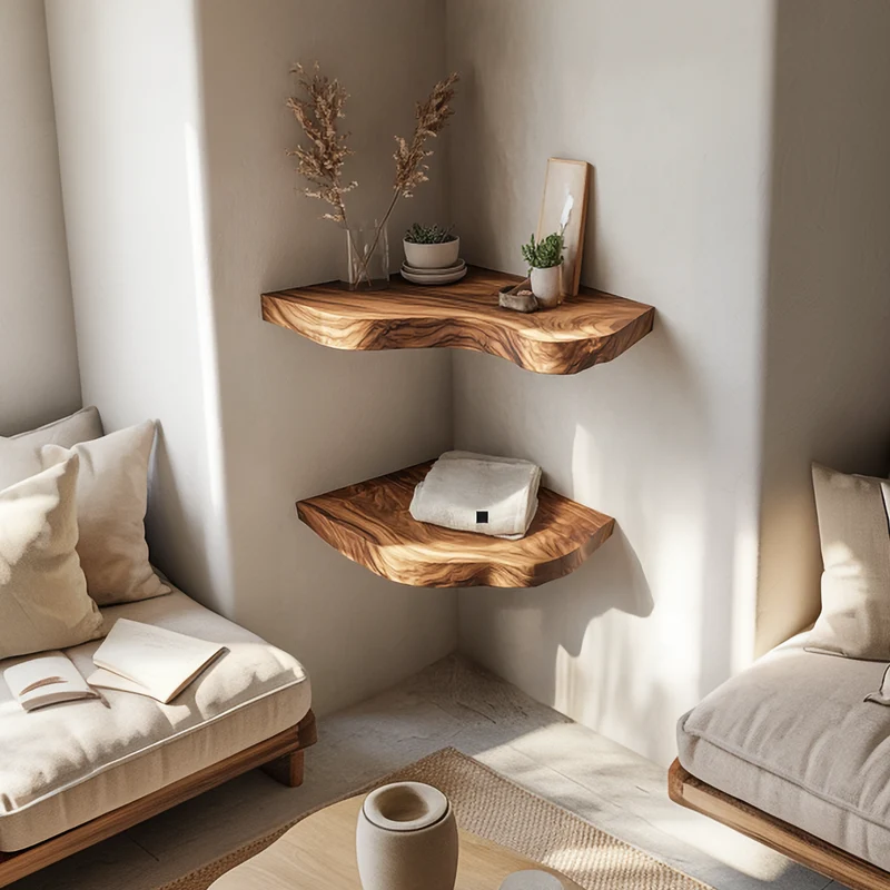Rustic Live Edge Corner Floating Shelves Solid Wood Living Room Interior Display SINLSAFL420