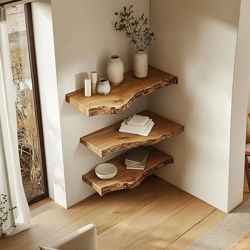 Spry Interior Rustic Sculptural Solid Wood Corner Floating Shelves, Handcrafted Art Display L-Shelf for Statement Wall Decor, SINLSAFL418