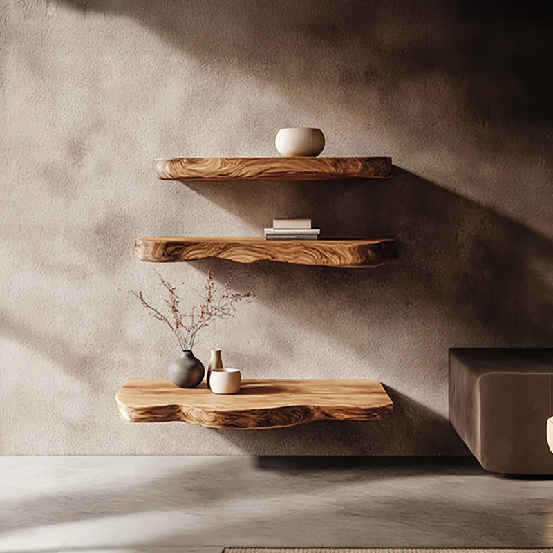 Rustic Nature Inspired Floating Display Shelves Solid Wood Living Room Interior Statement Feature SINLSAFL416