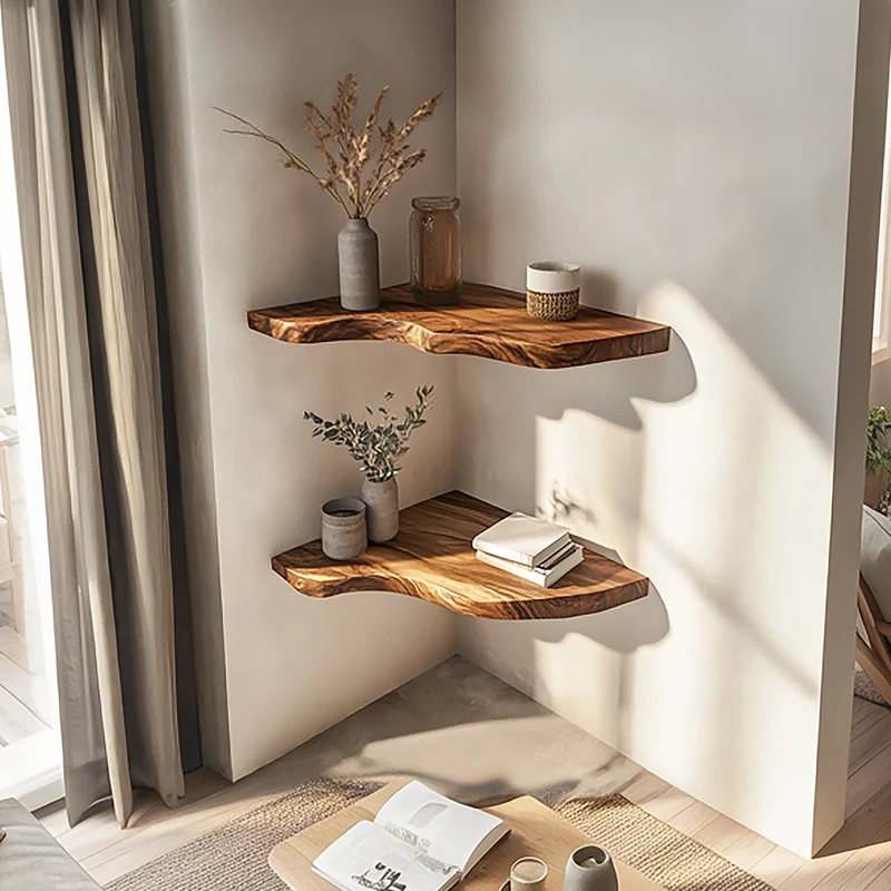 Spry Interior Sculptural Rustic Solid Wood Corner Floating Shelves, Handcrafted Accent L-Shelf for Living Room Statement Decor, SINLSAFL414