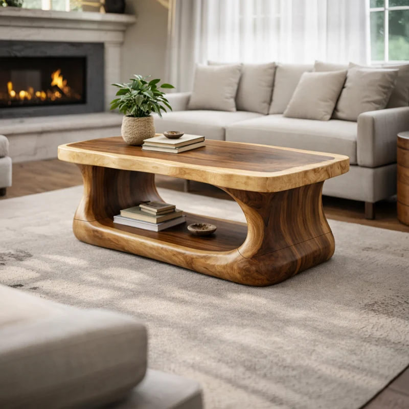 Spry Interior Flow Form Solid Wood Coffee Table, Sculpted Base Contemporary Center Table for Luxury Living Room Interior, SINLKICF290
