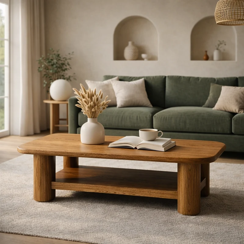 Spry Interior Natural Oak Style Solid Wood Coffee Table, Minimalist Round Center Table for Cozy Living Room Space, SINLKICF284