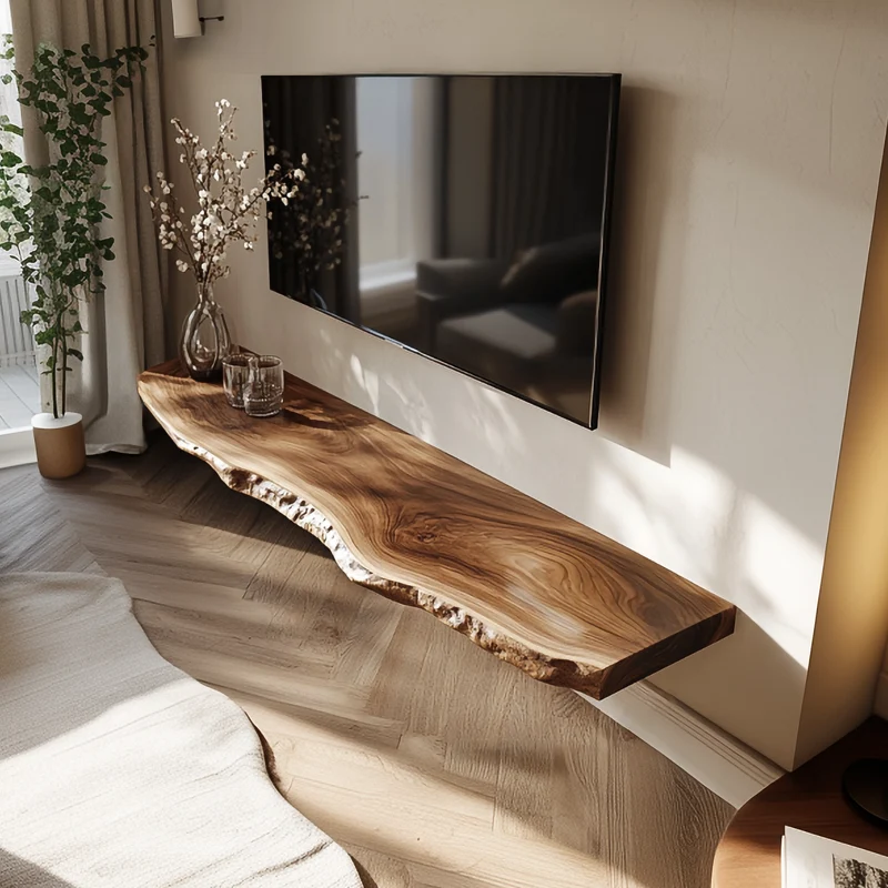 Live Edge Solid Wood Floating TV Console Organic Modern Living Room Interior SINLSAFL362
