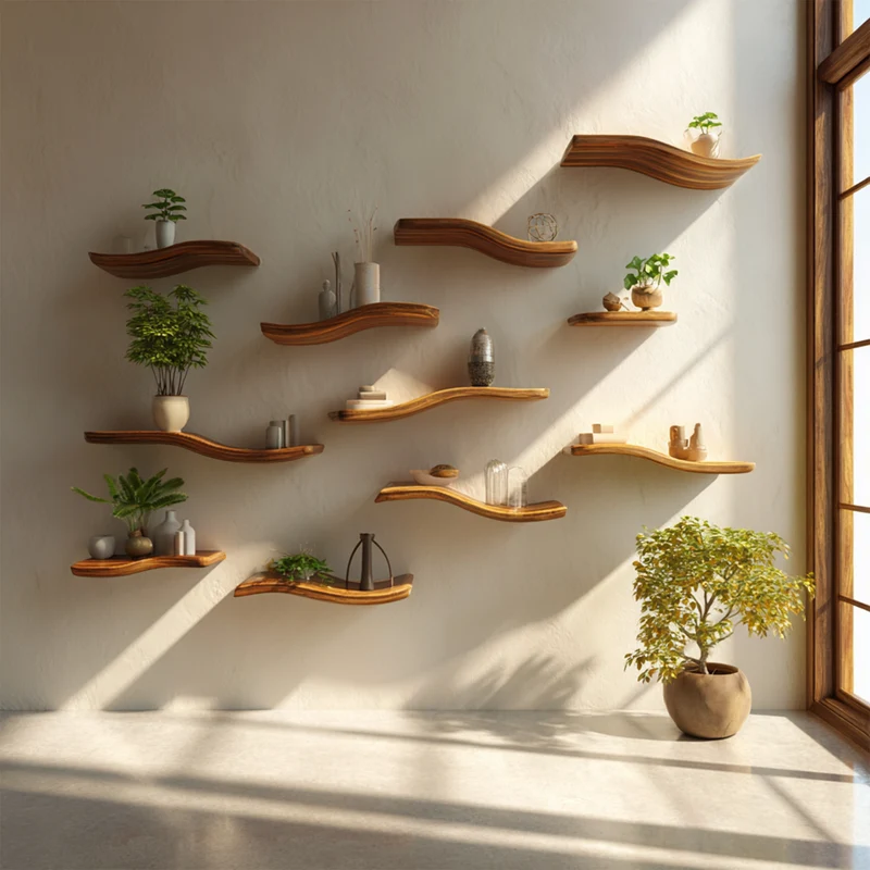 Modular Curved Solid Wood Wall Shelves Organic Display Interior Decor SINLKIFL361