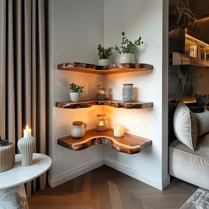 Rustic Live Edge Corner Shelves Solid Wood Living Room Interior Decorative Display SINLSAFL349