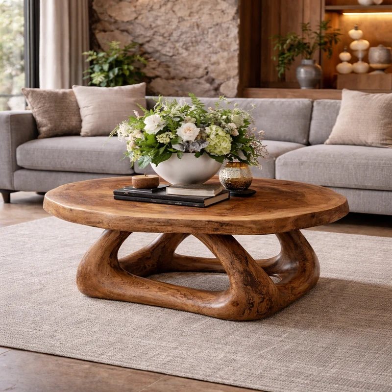 Spry Interior Curved Sculptural Solid Wood Coffee Table, Artistic Statement Center Table for Luxury Modern Living Room Interior, SINLKICF292