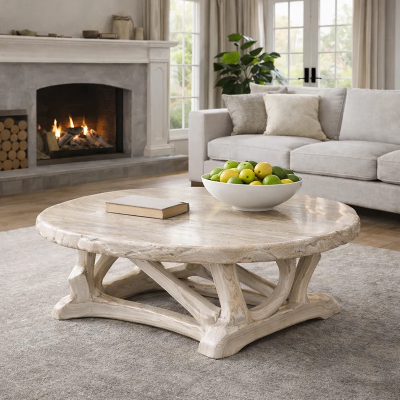 Handcrafted Driftwood Style Round Coffee Table Sculptural Coastal Living Room Interior SINLKICF293