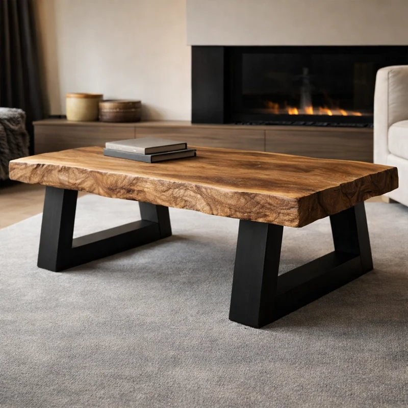 Industrial Live Edge Solid Wood Coffee Table Bold Contrast Black Base Modern Living Room Interior SINLKICF294