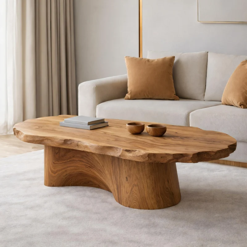Spry Interior Soft Edge Organic Solid Wood Coffee Table, Sculpted Base Serene Center Table for Modern Living Room Interior, SINLKICF295