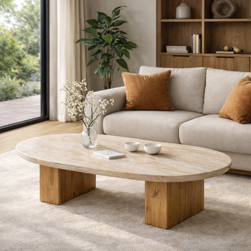 Spry Interior Light Oak Oval Solid Wood Coffee Table, Minimalist Balance Contemporary Center Table for Modern Living Room, SINLKICF296