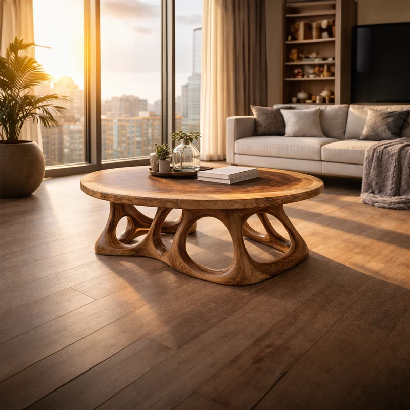 Spry Interior Round Sculpted Solid Wood Coffee Table, Organic Balance Accent Center Table for Modern Living Room Interior, SINLKICF307