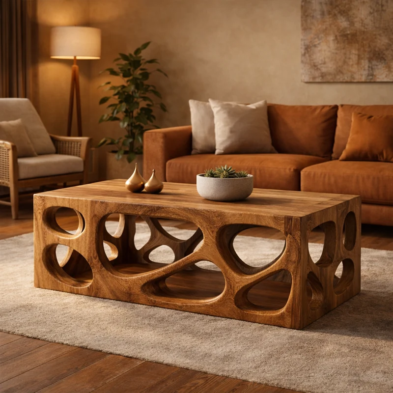Architectural Carved Solid Wood Coffee Table Organic Void Design Statement Living Room Interior SINLKICF297