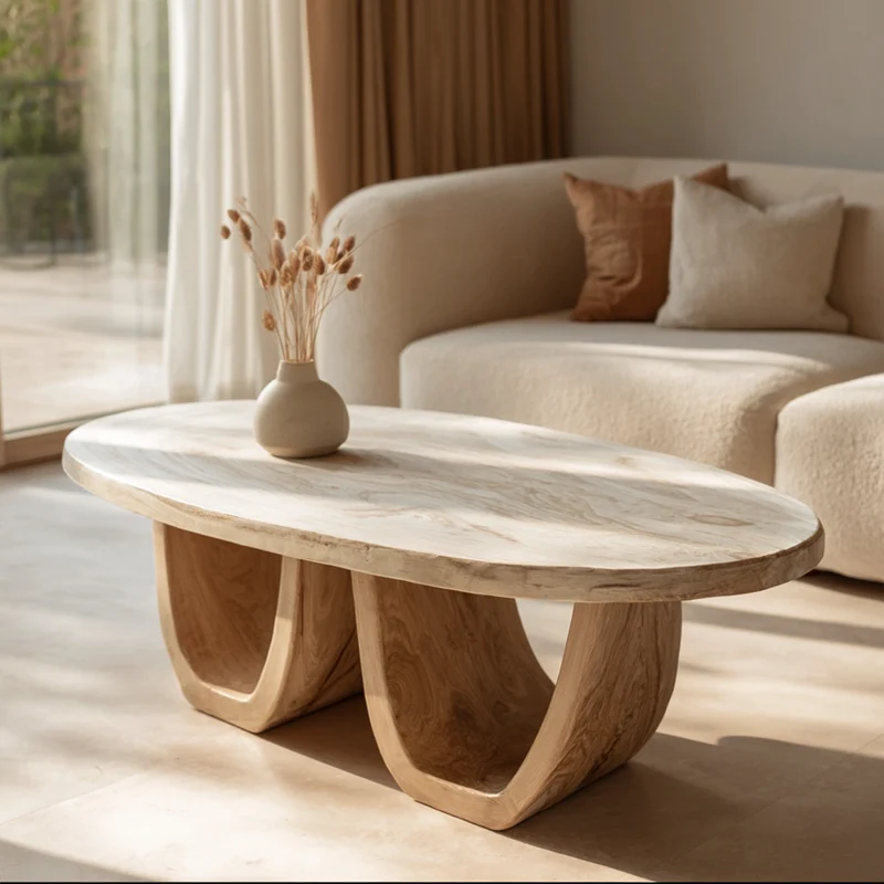 Elegant Oval Solid Wood Coffee Table Sculptural Twin Base Calm Modern Living Room Interior SINLKICF298