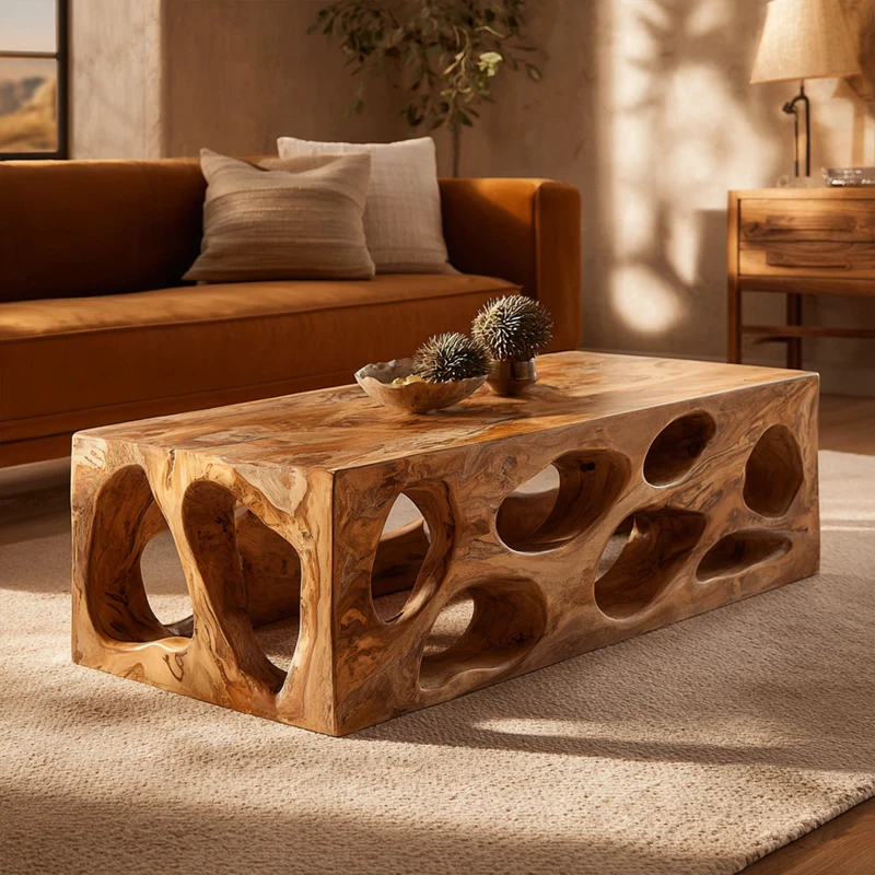 Spry Interior Organic Hollow Carved Solid Wood Coffee Table, Sculptural Statement Center Table for Warm Living Room Interior, SINLKICF300