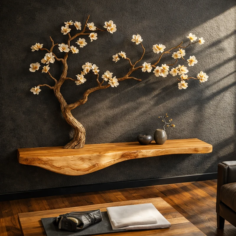 Spry Interior Rustic Tree-Inspired Solid Wood Wall Shelf, Organic Branch Decor Storage Unit for Japandi Style Rooms, SINLKIFL257