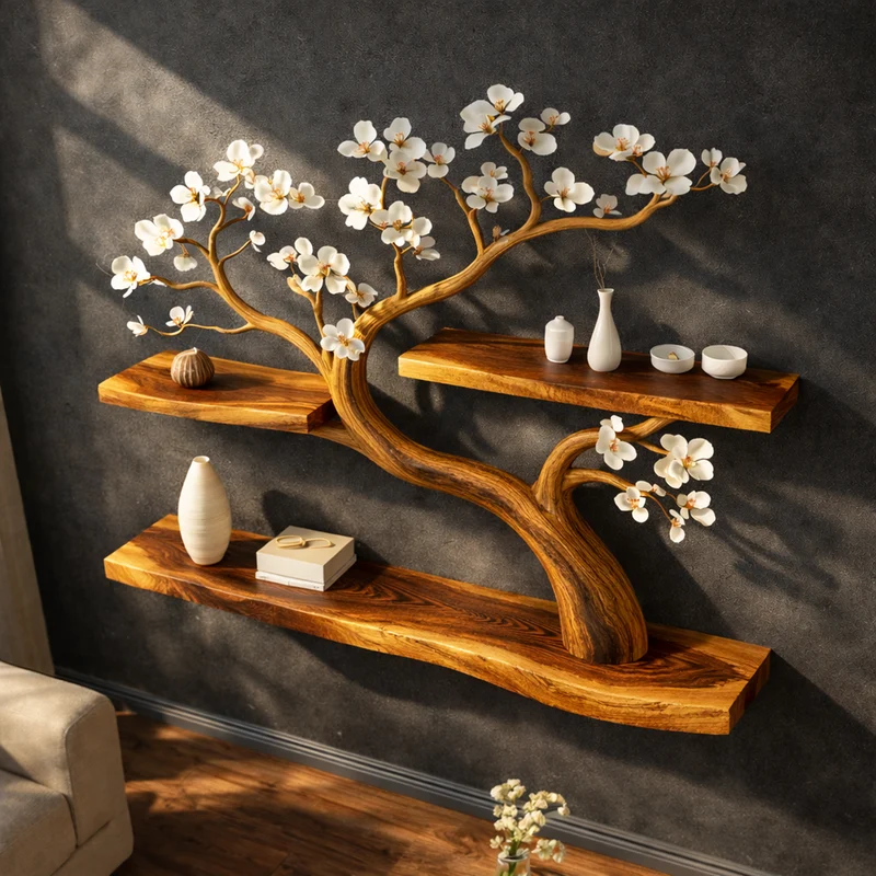 Rustic Tree Shelf Wall Decor Handmade For Entryway SINLKIFL254