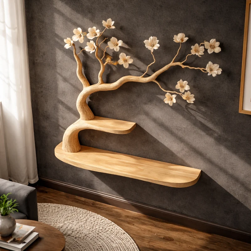 Spry Interior Rustic Artistic Tree Bookshelf Wall Decor, Handcrafted Wood Branch Library Storage Shelf for Reading Nook, SINLKIFL251