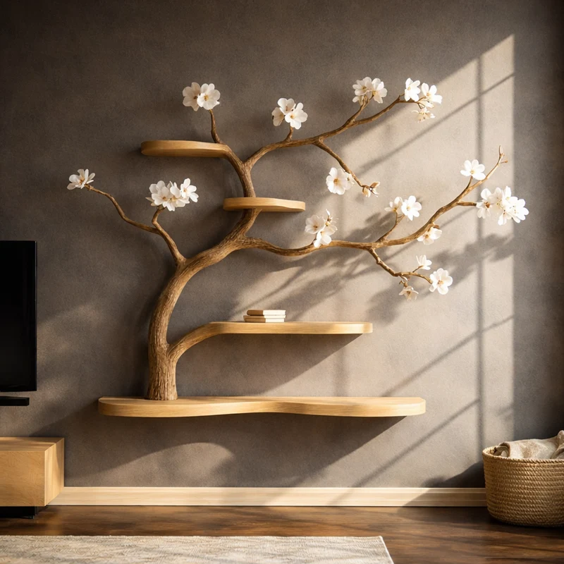 Spry Interior Rustic Tree-Inspired Wall Mounted Shelf, Artistic Solid Wood Branch Book Rack & Wall Decor for Bedrooms, SINLKIFL249