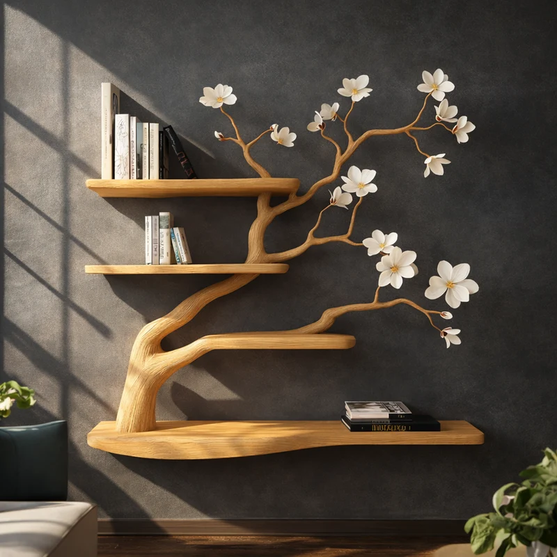 Spry Interior Rustic Branch Style Tree Bookshelf, Wall Mounted Hardwood Decorative Storage Rack for Modern Living Room, SINLKIFL247