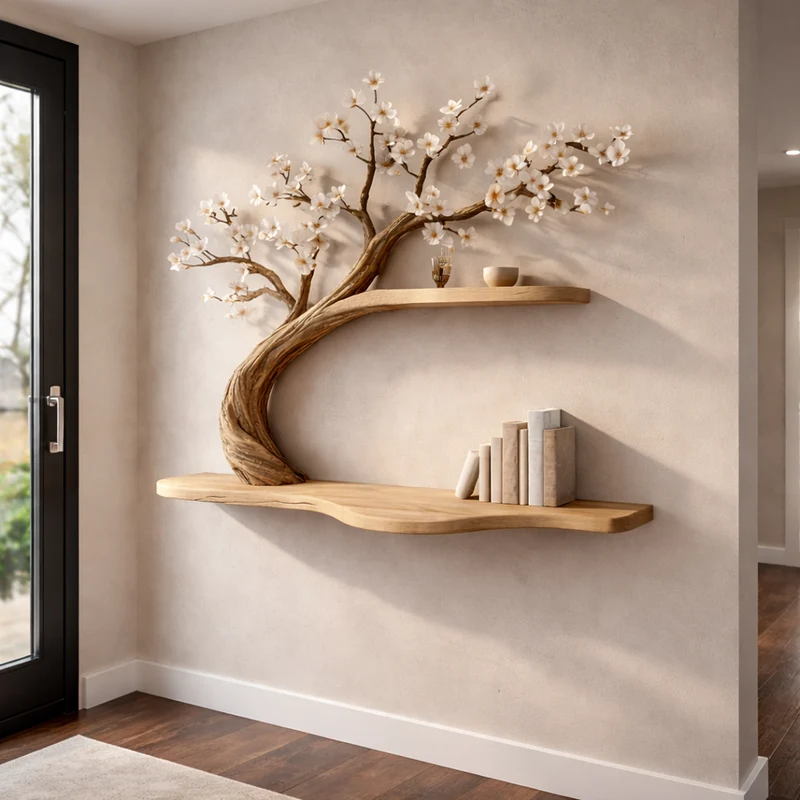 Rustic Tree Shelf Wall Mounted Bookcase For Living Room Decor SINLKIFL245