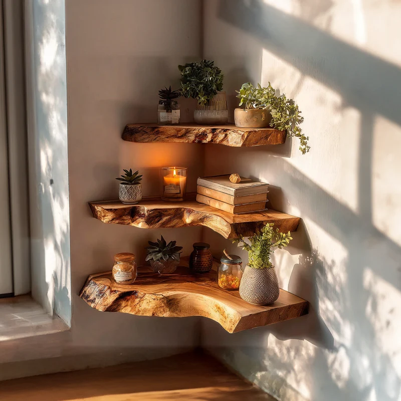 Rustic Live Edge Corner Floating Shelf Handmade for Living Room SINLKIFL306