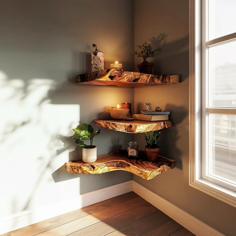 Spry Interior Rustic Corner Wall Shelf, Minimalist Solid Wood Floating Shelf Unit for Living Room & Bedroom Corner Display, SINLKIFL337