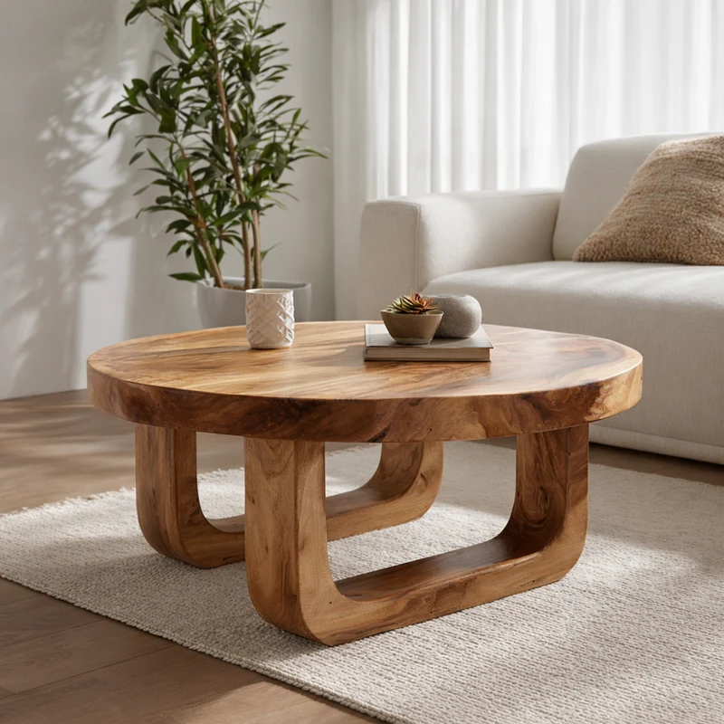Spry Interior Rounded Base Solid Wood Coffee Table, Soft Minimalist Center Table for Cozy Modern Living Room Interior, SINLKICF318