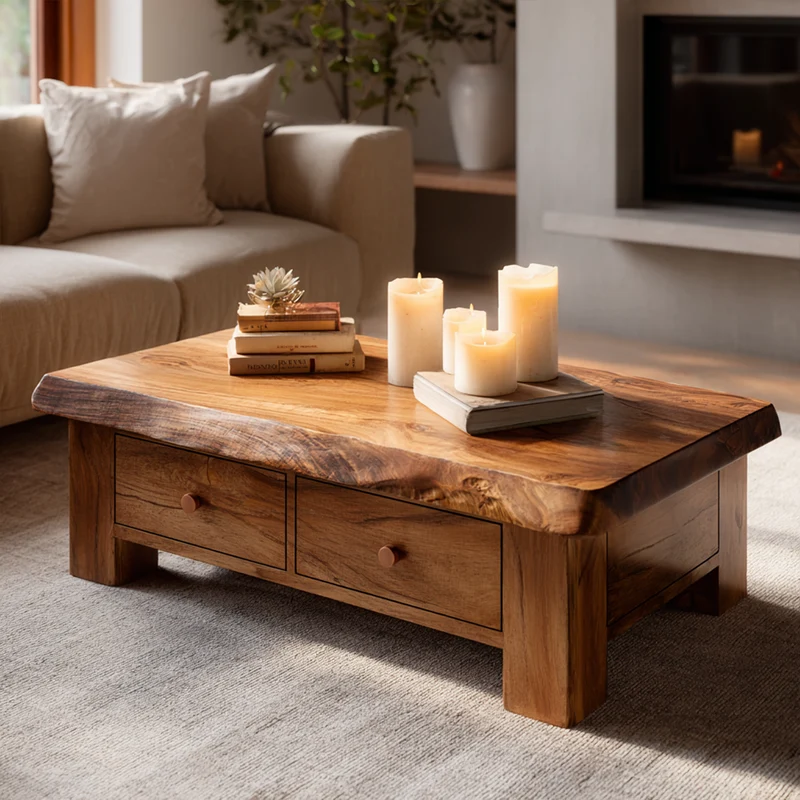 Classic Drawer Solid Wood Coffee Table Warm Modern Living Room Interior SINLKICF315