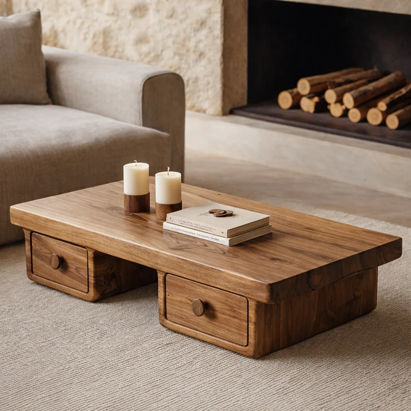 Compact Storage Solid Wood Coffee Table Cozy Living Room Interior SINLKICF314
