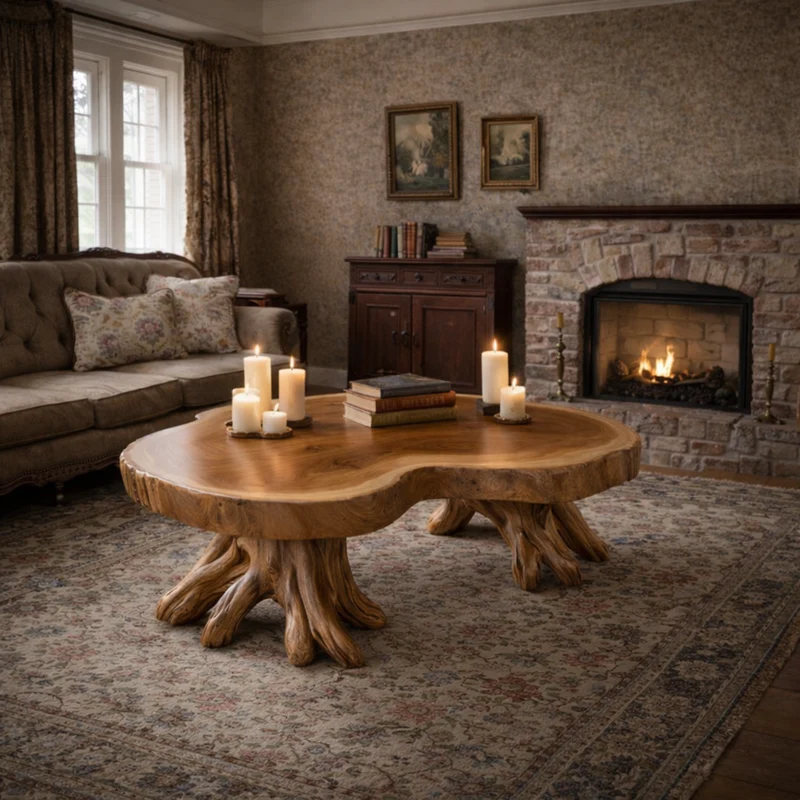 Spry Interior Natural Stump Base Solid Wood Coffee Table, Organic Rustic Tree Trunk Center Table for Cabin Living Room, SINLKICF310