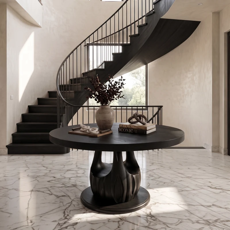 Spry Interior Modern Round Entryway Foyer Table, Solid Wood Unique Sculptural Base Accent Table for Hallway, SINLSAFT004